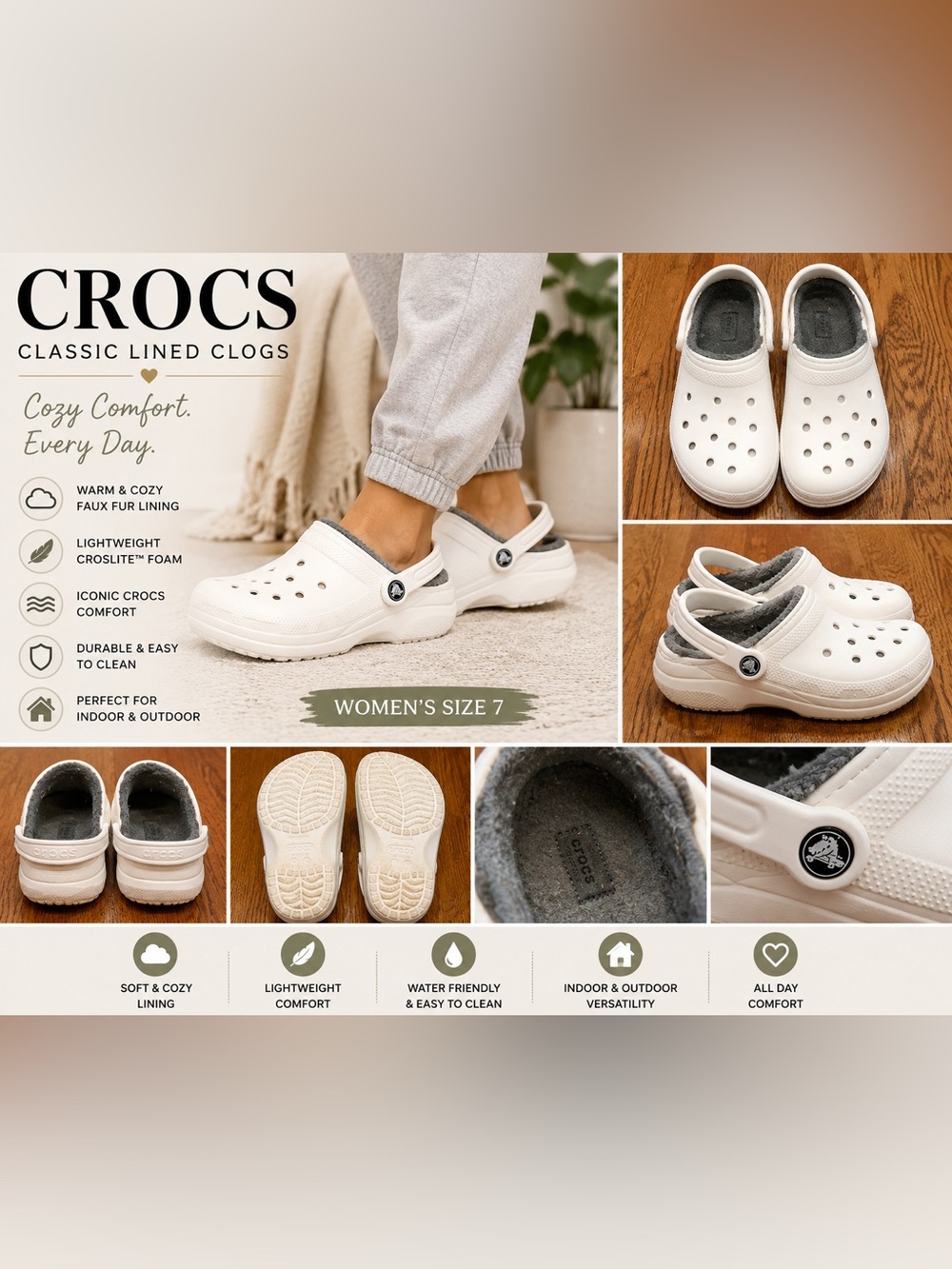 Crocs Classic Lined Clogs White Women’s Size 7 Faux Fur Winter Comfort Shoes